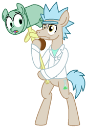 Size: 448x659 | Tagged: safe, artist:vgc2001, imported from derpibooru, pony morty, pony rick, earth pony, pony, grannies gone wild, spoiler:s08e05, clothes, erlenmeyer flask, flask, foal, fortnite, hammer, lab coat, male, morty smith, ponified, reference, rick and morty, rick sanchez, stallion, worried