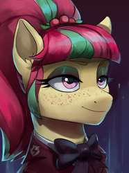 Size: 1560x2100 | Tagged: safe, artist:cadillac-dynamite, artist:cadillacdynamite, imported from derpibooru, sour sweet, earth pony, pony, equestria at war mod, bowtie, bust, clothes, crystal prep academy uniform, cute, equestria girls ponified, female, freckles, mare, ponified, school uniform, solo, sourbetes