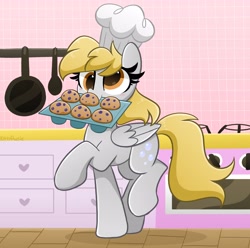 Size: 4096x4070 | Tagged: safe, artist:kittyrosie, imported from derpibooru, derpy hooves, pegasus, pony, absurd resolution, baking, chef's hat, cute, daaaaaaaaaaaw, derpabetes, female, food, hat, kitchen, kittyrosie is trying to murder us, mare, mouth hold, muffin, redraw, smiling, solo, that pony sure does love muffins, tray