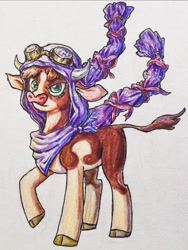 Size: 2291x3046 | Tagged: safe, artist:blueberry pie_蜜糕, imported from derpibooru, arizona cow, cow, them's fightin' herds, arizona (tfh), arizonadorable, bandana, clothes, cloven hooves, colored pencil drawing, community related, cosplay, costume, crossover, cute, felicia mitsuki, female, goggles, high res, magia record, magical girl, puella magi madoka magica, simple background, solo, traditional art, white background