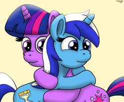 Size: 2243x1844 | Tagged: safe, artist:darkyboode32, imported from derpibooru, minuette, twilight sparkle, pony, unicorn, best friends, cute, duo, duo female, embrace, female, hug, hugging a pony, minubetes, signature, simple background, twiabetes, unicorn twilight