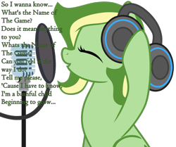 Size: 1185x989 | Tagged: safe, artist:candysweets90240, artist:didgereethebrony, imported from derpibooru, oc, oc only, oc:boomerang beauty, pegasus, pony, abba, base used, headphones, lyrics, microphone, shure 55s, simple background, singing, solo, text, the name of the game, trace, transparent background