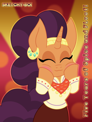 Size: 1800x2400 | Tagged: safe, artist:snakeythingy, imported from derpibooru, saffron masala, pony, unicorn, spice up your life, :3, anniversary, best pony, bipedal, blushing, chef, eyes closed, female, high res, mare, smiling, solo, squishy cheeks