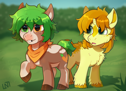 Size: 750x540 | Tagged: safe, artist:lastnight-light, imported from derpibooru, oc, oc only, oc:carrots, oc:monterey jack, earth pony, pony, unicorn, colt, female, filly, heterochromia, male