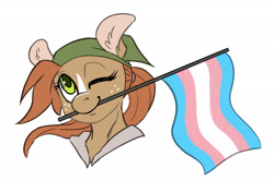 Size: 2220x1566 | Tagged: safe, artist:halley-valentine, artist:hobbes-maxwell, imported from derpibooru, oc, oc only, earth pony, pony, clothes, female, flag, hoodie, mouth hold, one eye closed, pride, pride flag, transgender, transgender pride flag, wink