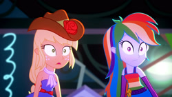 Size: 3410x1920 | Tagged: safe, imported from derpibooru, screencap, applejack, rainbow dash, eqg summertime shorts, equestria girls, raise this roof, bare shoulders, belt, clothes, cowboy hat, cutie mark, cutie mark on clothes, duo, duo female, fall formal outfits, female, fingerless gloves, gloves, hat, open mouth, sleeveless, strapless, what the hay?, wide eyes