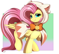 Size: 3487x3209 | Tagged: safe, artist:pridark, imported from derpibooru, fluttershy, pegasus, pony, fanfic:dream-mix predawn, cat hoodie, clothes, crossover, cute, daaaaaaaaaaaw, digital art, element of kindness, female, final fantasy, high res, hoodie, looking at you, mare, patreon, patreon reward, raised hoof, ribbon, shyabetes, simple background, smiling, smiling at you, solo, white mage