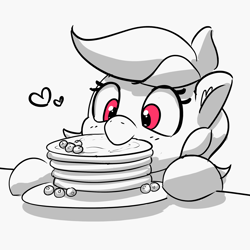 Size: 3000x3000 | Tagged: safe, artist:pabbley, imported from derpibooru, rainbow dash, pegasus, pony, /mlp/, /mlp/ con, blueberry, cute, dashabetes, ear fluff, female, floating heart, food, heart, herbivore, high res, mare, monochrome, neo noir, nom, pancakes, partial color, plate, requested art, solo, wrong eye color