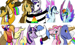 Size: 1000x600 | Tagged: safe, artist:14errantartistgd, imported from derpibooru, applejack, big macintosh, braeburn, caramel, fluttershy, orion, pinkie pie, pokey pierce, rainbow dash, rarity, shooting star (character), soarin', twilight sparkle, earth pony, pegasus, pony, unicorn, carajack, cheek kiss, clothes, eyes closed, face paint, female, flower, flower in hair, fluttermac, kiss on the cheek, kissing, larger female, male, mare, mouth hold, nuzzling, pokeypie, pride flag, rariburn, scarf, shipping, simple background, size difference, smaller male, soarindash, spread wings, stallion, straight, transparent background, wings