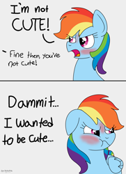 Size: 2894x4000 | Tagged: safe, artist:lynnthenerdkitty, imported from derpibooru, rainbow dash, pegasus, pony, blushing, comic, female, gray background, high res, i'm not cute, mare, meme, offscreen character, scrunchy face, simple background, solo, tsunderainbow, tsundere, vulgar