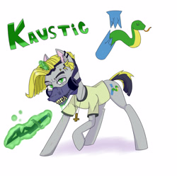 Size: 5000x5000 | Tagged: safe, artist:xasslash, imported from derpibooru, oc, oc only, oc:kaustic, pony, snake, unicorn, acid, clothes, cross necklace, cutie mark, drool, ear piercing, gas mask, green eyes, inverted cross, mask, piercing, sharp teeth, shirt, simple background, solo, sword, teeth, test tube, upside down cross, weapon