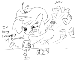 Size: 644x516 | Tagged: safe, artist:jargon scott, imported from derpibooru, berry punch, berryshine, earth pony, pony, beer can, black and white, cans.wav, drunk, female, go home you're drunk, grayscale, mare, microphone, monochrome, simple background, solo, white background