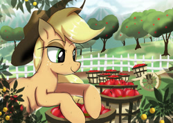 Size: 3508x2480 | Tagged: safe, artist:neoshrek, imported from derpibooru, applejack, earth pony, pony, apple, apple tree, barrel, fence, food, high res, solo, sweet apple acres, tree