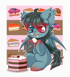 Size: 2000x2200 | Tagged: safe, artist:etoz, imported from derpibooru, oc, oc only, oc:mystery iris, bat pony, bat pony oc, bat wings, blushing, cake, chibi, commission, cute, eating, eyebrows, fangs, food, happy, herbivore, high res, male, open mouth, sitting, smiling, stallion, wings