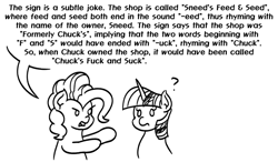 Size: 1101x642 | Tagged: safe, artist:mkogwheel, imported from derpibooru, pinkie pie, twilight sparkle, earth pony, pony, unicorn, black and white, dialogue, explaining the joke, grayscale, monochrome, question mark, simple background, sneed's feed and seed, speech bubble, the simpsons, unicorn twilight, white background