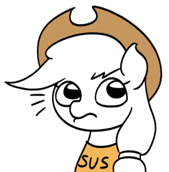 Size: 542x550 | Tagged: safe, artist:mkogwheel, imported from derpibooru, applejack, earth pony, pony, amogus, among us, applejack's hat, bust, cowboy hat, female, hat, mare, meme, partial color, simple background, solo, stonetoss, style emulation, sus (among us), suspicious, white background
