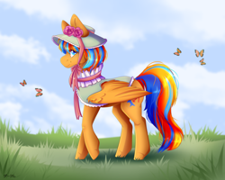 Size: 2500x2000 | Tagged: safe, artist:darklu, imported from derpibooru, oc, oc only, oc:cold front, butterfly, pegasus, pony, bow, cloud, colored pupils, commission, crossdressing, day, freckles, grass, hat, high res, looking at you, male, one hoof raised, outdoors, pegasus oc, raised hoof, smiling, smiling at you, solo, stallion, wings, ych result