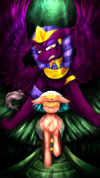 Size: 1400x2489 | Tagged: safe, artist:vidakadraws, imported from derpibooru, somnambula, sphinx (character), pegasus, pony, sphinx, blindfold, duo