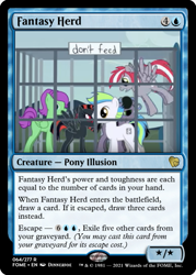 Size: 375x523 | Tagged: safe, artist:dinnerjoe, edit, imported from derpibooru, oc, pegasus, pony, unicorn, friendship is witchcraft, black and red, broken horn, cage, ccg, generalzoi, horn, horse women, magic the gathering, sign, trading card, trading card edit