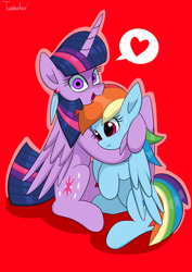Size: 2480x3507 | Tagged: safe, artist:twidasher, imported from derpibooru, rainbow dash, twilight sparkle, alicorn, pegasus, pony, blushing, crazy eyes, duo, feather, female, heart, high res, hug, lesbian, mare, open mouth, open smile, red background, shipping, signature, simple background, size difference, smiling, speech bubble, sweat, twidash, twilight sparkle (alicorn), yandere, yanderelight sparkle