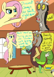 Size: 1414x2000 | Tagged: safe, artist:vaincrane, imported from derpibooru, derpy hooves, discord, fluttershy, draconequus, pegasus, pony, animated, chair, clothes, comic, cute, derpabetes, dialogue, female, maid, male, table