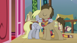 Size: 1920x1080 | Tagged: safe, imported from derpibooru, screencap, derpy hooves, doctor whooves, time turner, earth pony, pegasus, pony, season 5, slice of life (episode), clothes, female, fourth doctor's scarf, hug, male, mare, open mouth, scarf, stallion, striped scarf, tom baker's scarf