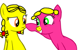 Size: 913x583 | Tagged: safe, artist:hellygirls, artist:sheridandmoore, imported from derpibooru, earth pony, pony, boop, duo, female, grin, little miss helpful, little miss sunshine, mare, mr. men, mr. men and little miss, noseboop, ponified, simple background, smiling, white background