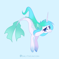 Size: 1536x1536 | Tagged: safe, artist:x-emilytheunicorn-x, imported from derpibooru, oc, oc only, pony, seapony (g4), unicorn, blue background, blue eyes, female, fins, fish tail, flowing mane, flowing tail, horn, seaponified, simple background, solo, species swap, swimming, tail