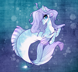 Size: 1280x1183 | Tagged: safe, artist:opalacorn, imported from derpibooru, oc, oc only, seapony (g4), blue background, blue eyes, bubble, dorsal fin, eyelashes, female, fins, fish tail, flowing mane, flowing tail, looking at you, purple mane, signature, simple background, smiling, solo, tail, underwater, water, wingding eyes