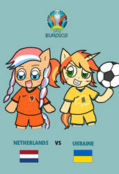 Size: 820x1196 | Tagged: safe, artist:foxy1219, imported from derpibooru, oc, oc:ember (hwcon), oc:sunlight ray (bronukon), earth pony, unicorn, euro 2020, football, netherlands, sports, ukraine