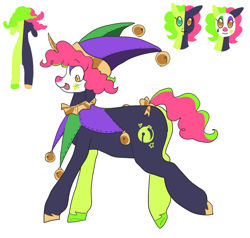 Size: 1200x1143 | Tagged: safe, artist:greenarsonist, imported from derpibooru, oc, oc only, oc:jesse wisecracker, pony, unicorn, :p, bells, bow, chubby, clown makeup, clown nose, face paint, hat, heterochromia, jester, jester hat, makeup, red nose, shorn fetlocks, solo, tongue out, two toned mane, two toned tail