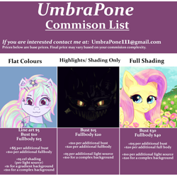 Size: 3000x3000 | Tagged: safe, artist:umbrapone, imported from derpibooru, oc, oc:bass-beat, advertisement, commission info, fangs, glowing eyes, high res, multicolored hair, starry eyes, wingding eyes