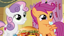 Size: 1280x720 | Tagged: safe, artist:heyitshayburgers, edit, edited screencap, imported from derpibooru, screencap, scootaloo, sweetie belle, pegasus, pony, unicorn, burger, cheeseburger, female, filly, food, hamburger