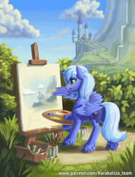 Size: 1500x1963 | Tagged: safe, artist:kirillk, imported from derpibooru, princess luna, alicorn, pony, fanfic:twilight's nightmare, blue sky, bush, canterlot, canterlot castle, canterlot mountain, canvas, castle, cloud, cloudy, drawing, easel, female, field, grass, hoof hold, hooves, horn, mare, outdoors, paint, paintbrush, painting, plants, s1 luna, scenery, sky, solo, tongue out, unshorn fetlocks, water, waterfall, wing hands, wings
