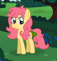 Size: 676x725 | Tagged: safe, artist:amandafriendship53, artist:nickthedog45, imported from derpibooru, peachy, earth pony, pony, bow, canterlot gardens, female, g1, g1 to g4, g4, garden, generation leap, looking at you, mare, shadow, solo, tail bow