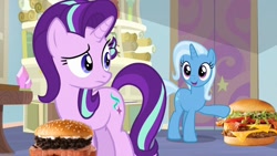 Size: 1280x720 | Tagged: safe, artist:heyitshayburgers, edit, edited screencap, imported from derpibooru, screencap, starlight glimmer, trixie, pony, unicorn, student counsel, burger, cheeseburger, female, food, hamburger, mare, spam oreo burger