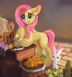 Size: 1280x1370 | Tagged: safe, artist:aristocatdraws, imported from derpibooru, angel bunny, fluttershy, pegasus, pony, rabbit, abacus, angel is a bunny bastard, animal, barrel, bipedal, bipedal leaning, bits, carrot, cobblestone street, counter, crate, cropped, crossed arms, cute, daaaaaaaaaaaw, duo, female, floppy ears, flower, folded wings, food, grin, herbivore, leaning, looking at someone, mare, market, money bag, outdoors, quill, raised hoof, shopping, shyabetes, smiling, stray strand, three quarter view, vegetables, wings