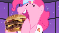 Size: 1280x720 | Tagged: safe, artist:heyitshayburgers, edit, edited screencap, imported from derpibooru, screencap, pinkie pie, pony, season 1, the best night ever, burger, cheeseburger, clothes, dress, food, gala dress, hamburger, meat, ponies eating meat, solo