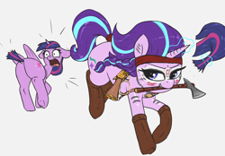 Size: 2488x1732 | Tagged: safe, artist:t72b, imported from derpibooru, starlight glimmer, twilight sparkle, alicorn, pegasus, pony, alternate hairstyle, axe, boots, braid, butt, clothes, face paint, female, gun, headband, historical roleplay starlight, indian, lever action rifle, mare, mouth hold, native american, plot, rifle, scalping, shocked, shoes, starlight squaw, tail, tomahawk, twilight sparkle (alicorn), warpaint, weapon, winchester