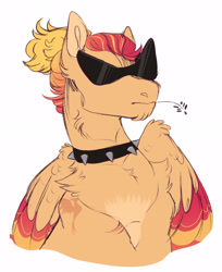 Size: 1920x2350 | Tagged: safe, artist:glorymoon, imported from derpibooru, oc, oc only, pony, bust, choker, male, offspring, parent:big macintosh, parent:spitfire, parents:macinfire, portrait, simple background, solo, spiked choker, stallion, straw in mouth, sunglasses, tattoo, white background