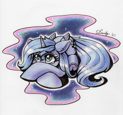 Size: 2684x2502 | Tagged: safe, artist:dandy, imported from derpibooru, princess luna, tantabus, alicorn, pony, colored pencil drawing, cowering, female, filly, filly luna, high res, newbie artist training grounds, s1 luna, scared, signature, solo, teary eyes, traditional art, woona, younger