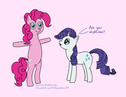 Size: 1234x955 | Tagged: safe, artist:justsomeguypassingby, imported from derpibooru, pinkie pie, rarity, earth pony, pony, unicorn, atg 2021, bipedal, cutie mark, derp, dialogue, duo, duo female, female, newbie artist training grounds, open mouth, standing, t pose, text