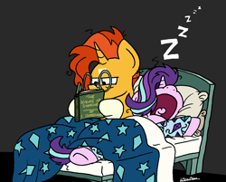 Size: 2004x1610 | Tagged: safe, artist:bobthedalek, imported from derpibooru, starlight glimmer, sunburst, pony, unicorn, atg 2021, bed mane, blaze (coat marking), book, clothes, coat markings, facial markings, female, glasses, kite, male, mare, messy mane, newbie artist training grounds, onomatopoeia, pajamas, reading, shipping, sleeping, snorelight glimmer, snoring, socks (coat markings), sound effects, stallion, starburst, straight, sunburst's glasses, that pony sure does love kites, volumetric mouth, zzz