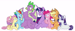 Size: 9396x3915 | Tagged: safe, artist:chub-wub, imported from derpibooru, applejack, fluttershy, pinkie pie, rainbow dash, rarity, spike, twilight sparkle, alicorn, dragon, earth pony, pegasus, pony, unicorn, the last problem, absurd resolution, applejack's hat, chest fluff, cowboy hat, female, folded wings, gigachad spike, hat, looking at each other, looking at someone, lying down, mane seven, mane six, mare, older, older applejack, older fluttershy, older mane seven, older mane six, older pinkie pie, older rainbow dash, older rarity, older spike, older twilight, open mouth, princess twilight 2.0, prone, raised hoof, simple background, sitting, skunk stripe, talking, twilight sparkle (alicorn), white background, wings