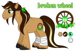 Size: 1596x1080 | Tagged: safe, artist:jvartes6112, imported from derpibooru, oc, oc only, oc:broken wheel, earth pony, pony, apple, bandage, earth pony oc, food, male, offspring, parent:applejack, parent:promontory, parents:promontjack, reference sheet, simple background, solo, stallion, transparent background, unshorn fetlocks, wheel