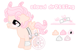 Size: 1280x867 | Tagged: safe, artist:jvartes6112, imported from derpibooru, oc, oc only, oc:cloud dressing, pegasus, pony, bandaid, bandaid on nose, colt, male, pegasus oc, reference sheet, simple background, smiling, solo, transparent background, wheelchair, wings
