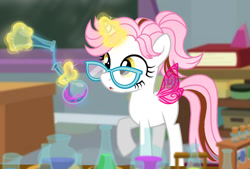 Size: 1280x867 | Tagged: safe, artist:jvartes6112, imported from derpibooru, oc, oc only, oc:merida shy, alicorn, pony, alicorn oc, book, butterfly wings, chalkboard, erlenmeyer flask, female, filly, flask, glasses, glowing horn, horn, indoors, magic, offspring, parent:fluttershy, parent:oc:jv6112, parents:canon x oc, raised hoof, telekinesis, vial, wide eyes, wings