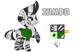 Size: 1280x867 | Tagged: safe, artist:jvartes6112, imported from derpibooru, oc, oc only, oc:zumbo, pony, zebra, clothes, ear piercing, earring, jewelry, male, necklace, piercing, raised hoof, reference sheet, scar, simple background, smiling, solo, stallion, transparent background, zebra oc