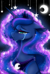Size: 1080x1596 | Tagged: safe, artist:jvartes6112, imported from derpibooru, princess luna, alicorn, pony, bust, crescent moon, crying, ethereal mane, female, frown, galaxy mane, horn, jewelry, mare, moon, peytral, sad, solo, stars, tiara