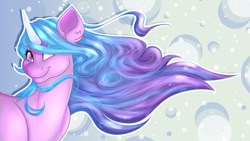 Size: 2560x1440 | Tagged: safe, artist:aaftergloweeye, imported from derpibooru, izzy moonbow, pony, unicorn, spoiler:g5, bubble, bust, digital art, g5, my little pony, op, original art, solo